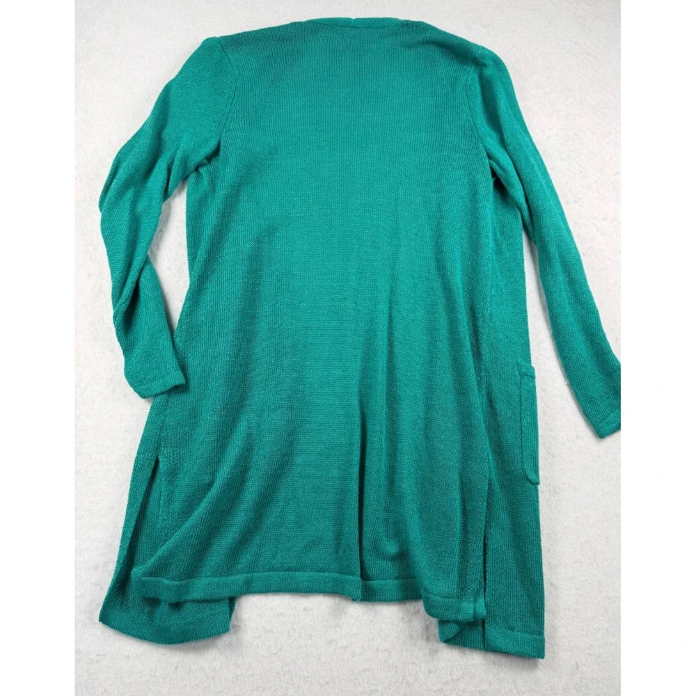 J. Jill Teal Green Linen Blend Open Front Cardigan Sweater XS Petite Pockets